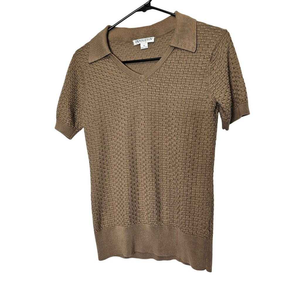 Pendleton Petite M Brown Textured Knit V-Neck Short Sleeve Pullover Sweater